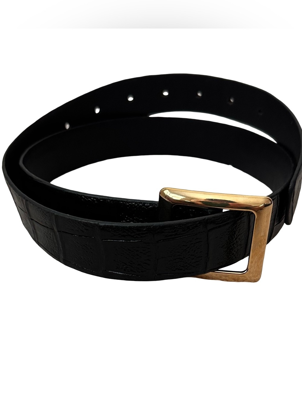 Zara Classic Black Leather Alligator Print Belt with Polished Gold Tone Buckle
